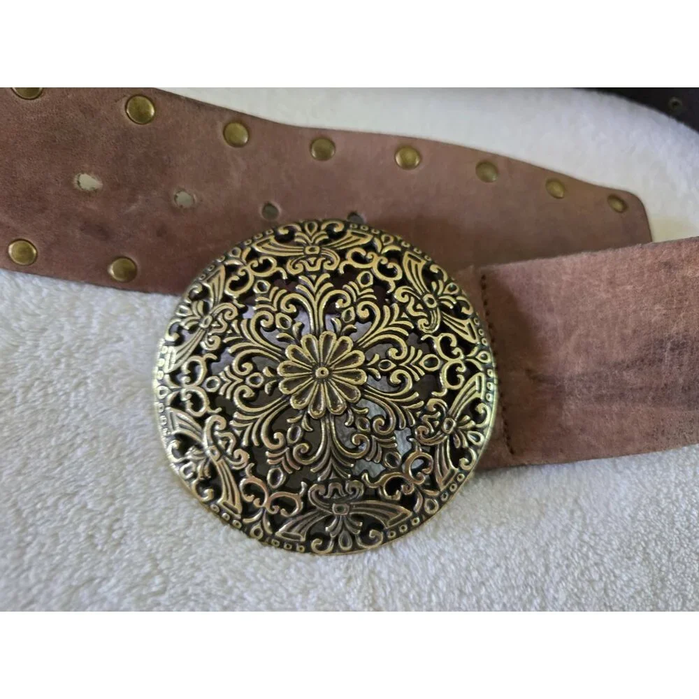 Womens Y2K Vintage Belt Brown Leather Round Brass Medallion Buckle Calvin Klein - Picture 2 of 7